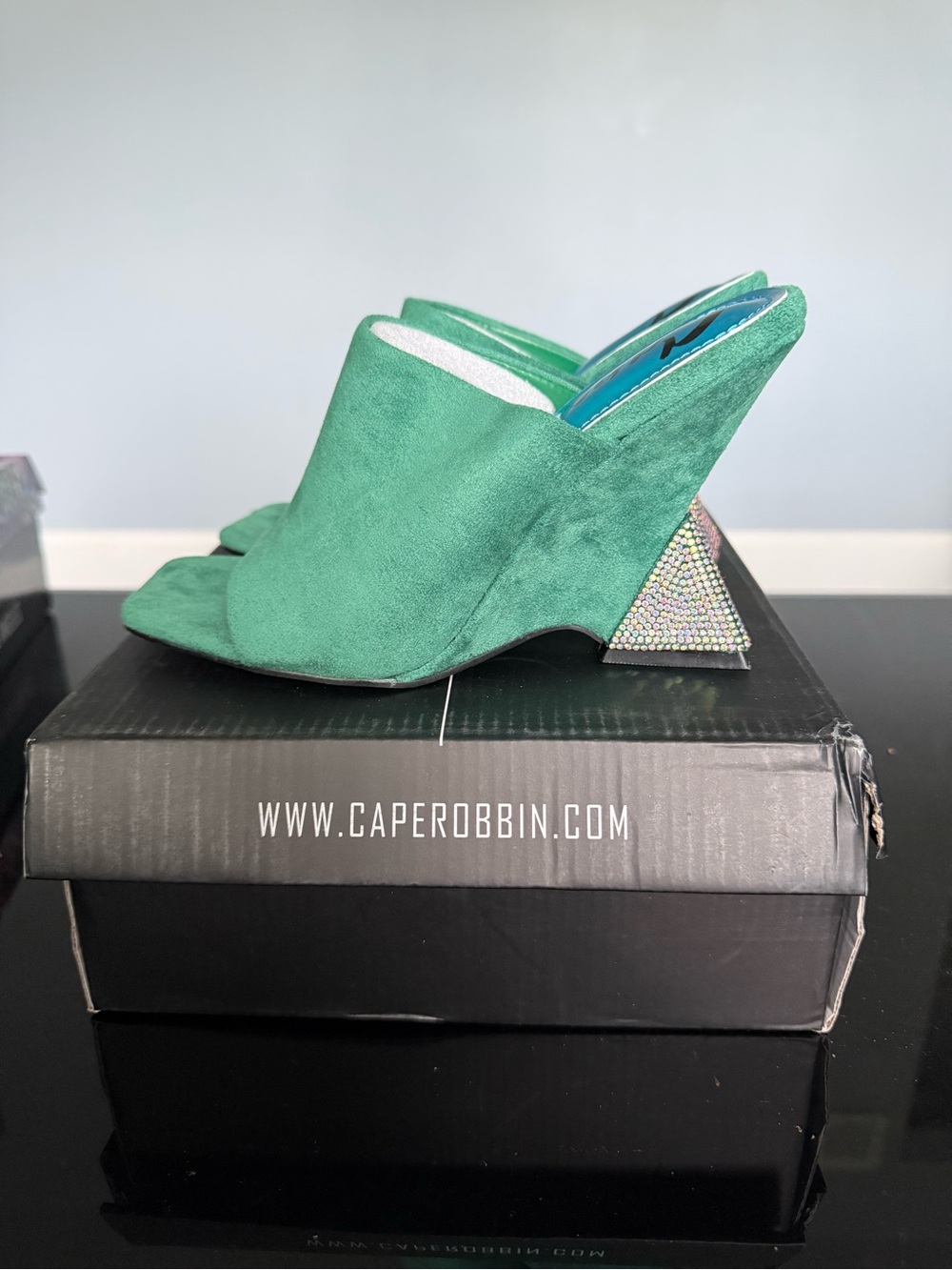 Cape Robbin Emerald Green Suede Open-Toe Mule with Crystal Block Heel